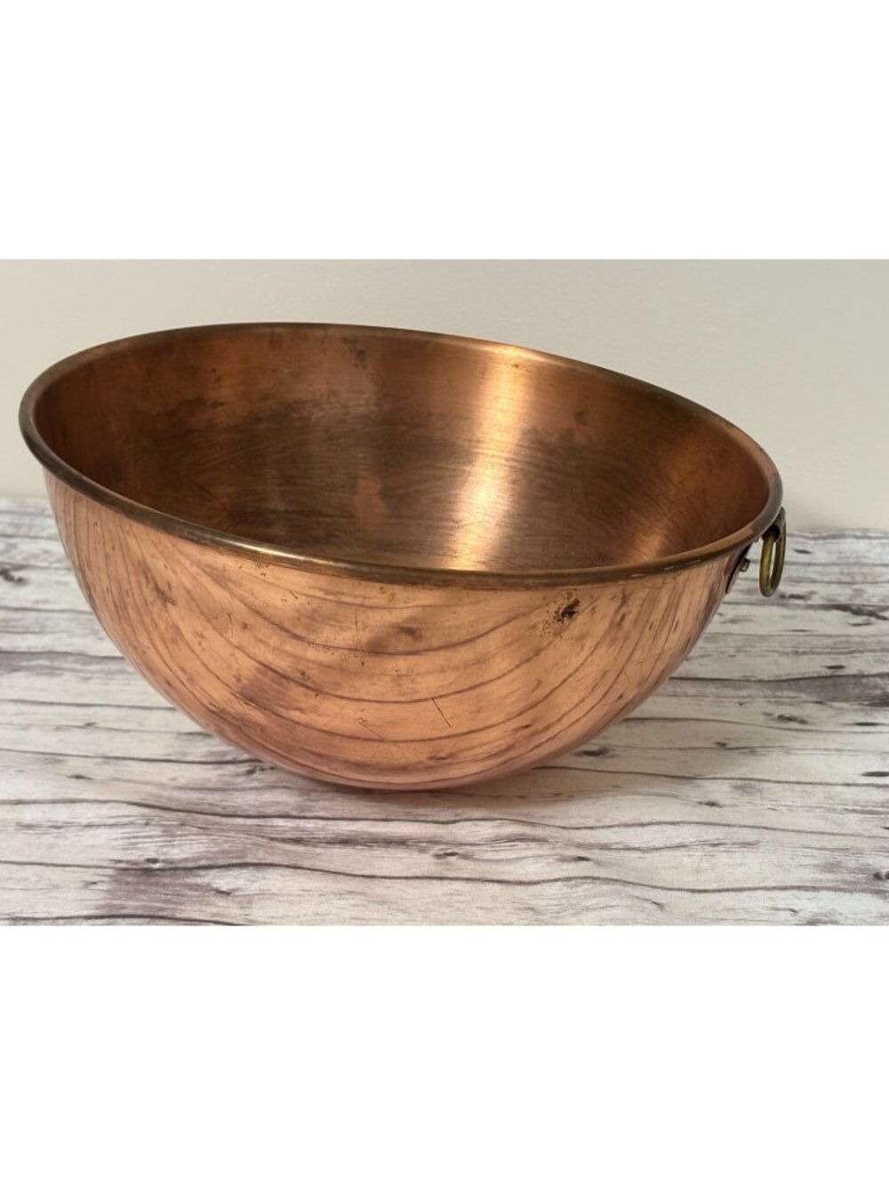 Vintage Copper Mixing Bowl With Rolled Edge & Folding Brass Hook 9” Korea
